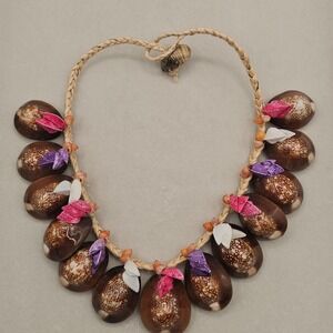 Cowrie Shell Necklace Brown Braided Palm Cord Tropical Beach Jewelry